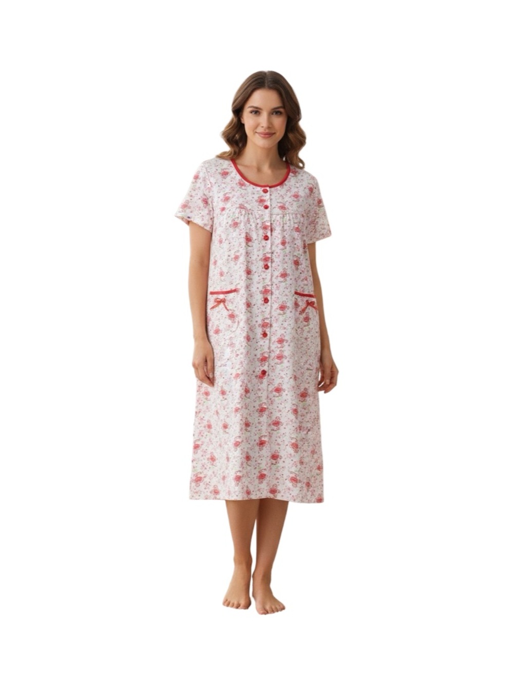 Cotton Blend Women's Flowery Short Sleeve Pink/red/white Day Gown Sleapwear XL